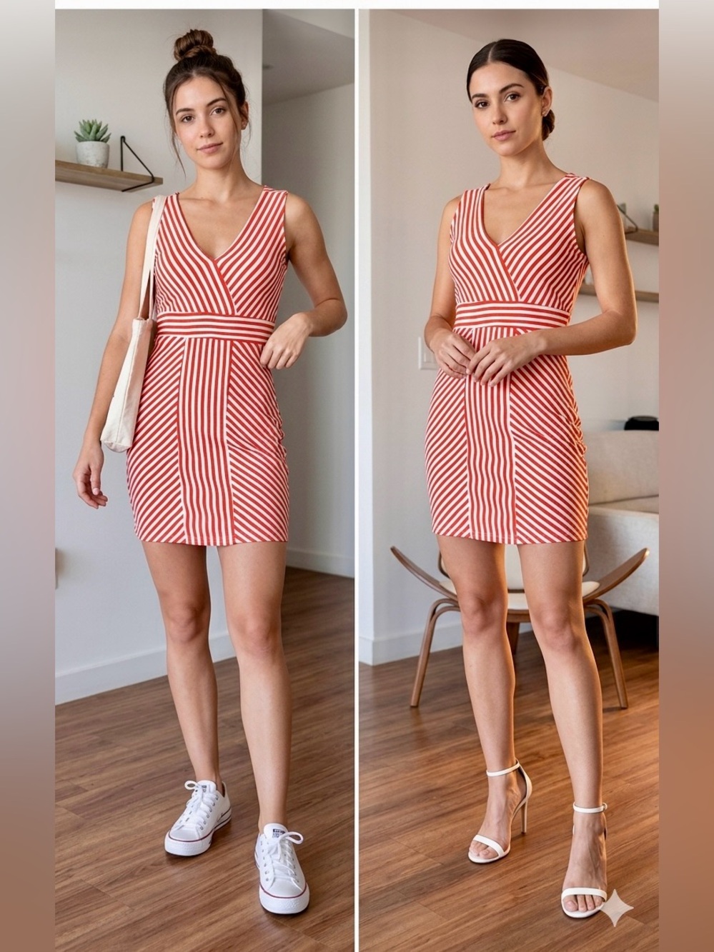 Ya Los Angeles Red & White Striped V-Neck Mini Dress
